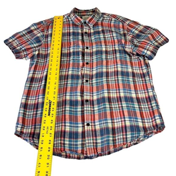 Lucky Brand Shirt Men's Size Large Red Blue Linen Plaid Short Sleeve Button Down - Picture 5 of 11